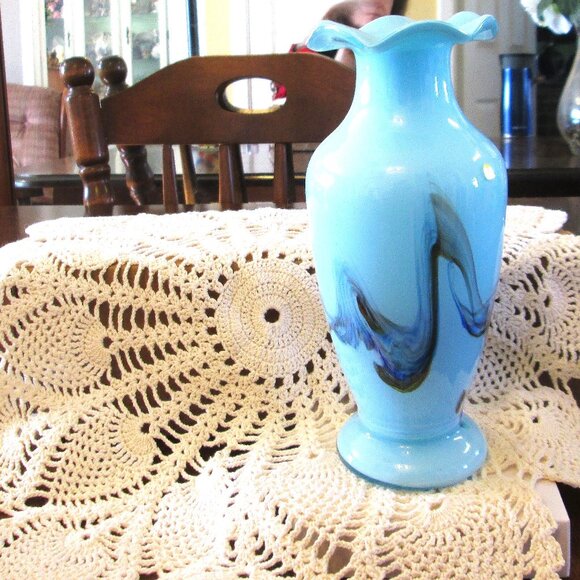 Vtg Art Glass "Snowflake" series Azure blue vase of Dalian Glass Circa 1960s - Picture 3 of 5